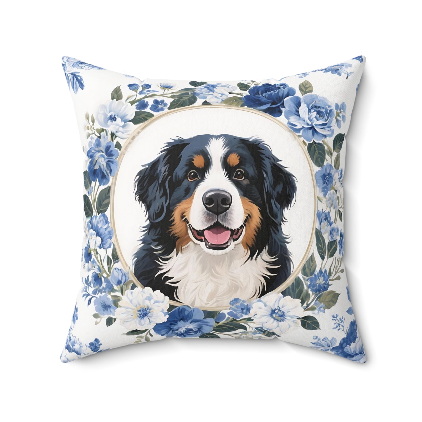 Bernese Mountain Dog Blue Floral Throw Pillow