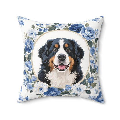 Bernese Mountain Dog Blue Floral Throw Pillow