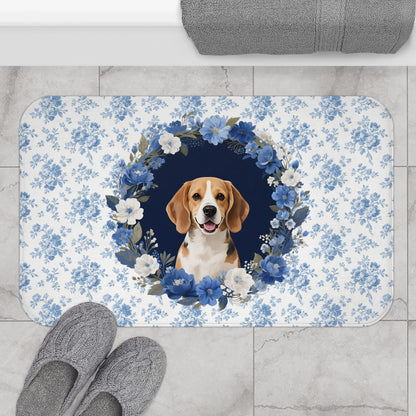 Blue Floral Beagle Bath Mat – Cute Beagle Dog Bathroom Rug