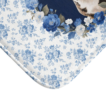 Blue Floral Frenchie Bath Mat – Cute Brindle French Bulldog Bathroom Rug