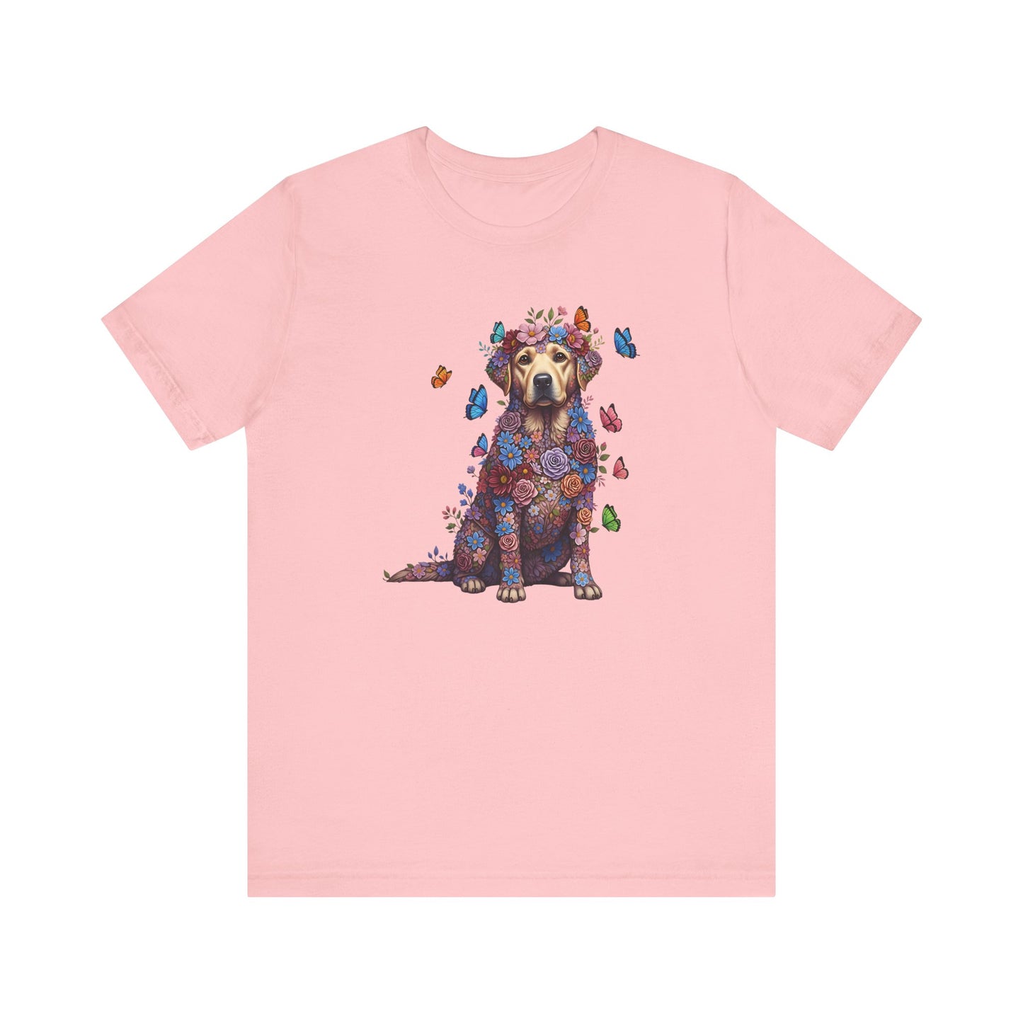 Whimsical Floral Labrador Retriever Tee – Colorful Dog Lover Shirt with Butterflies