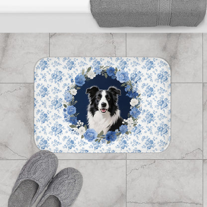 Blue Floral Collie Bath Mat – Cute Border Collie Dog Bathroom Rug