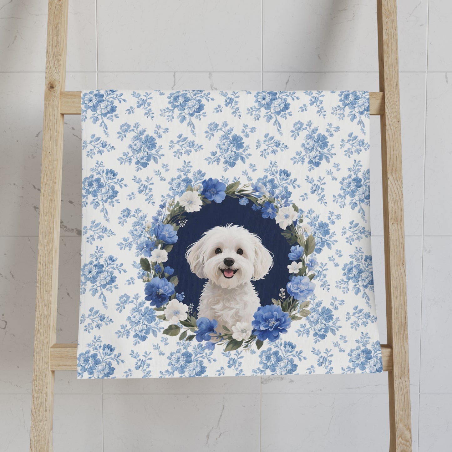 Blue Floral Maltese Dog Portrait Hand Towel – Cute Pet Bathroom Accessory