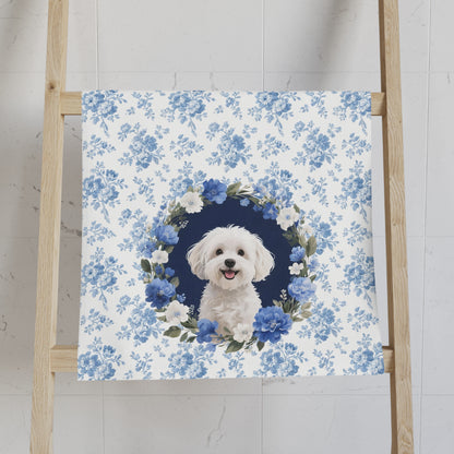Blue Floral Maltese Dog Portrait Hand Towel – Cute Pet Bathroom Accessory