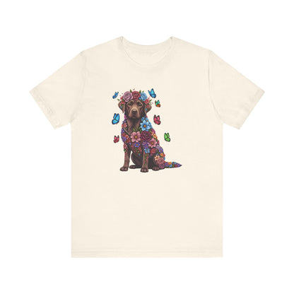 Whimsical Floral Chocolate Labrador Retriever Tee – Colorful Dog Lover Shirt with Butterflies