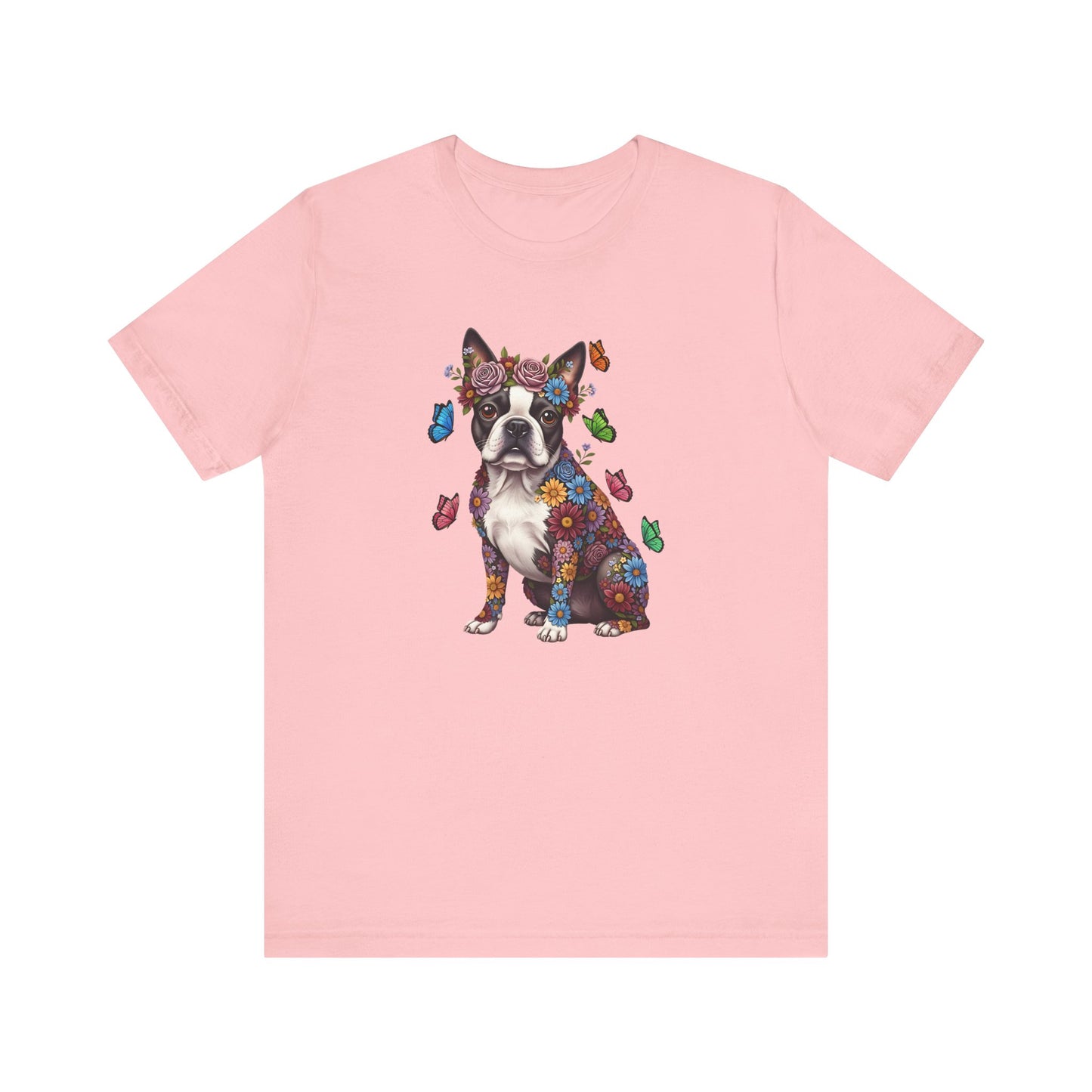 Whimsical Floral Boston Terrier Tee – Colorful Dog Lover Shirt with Butterflies
