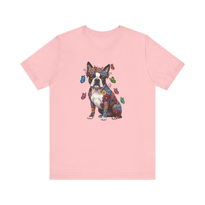 Whimsical Floral Boston Terrier Tee – Colorful Dog Lover Shirt with Butterflies