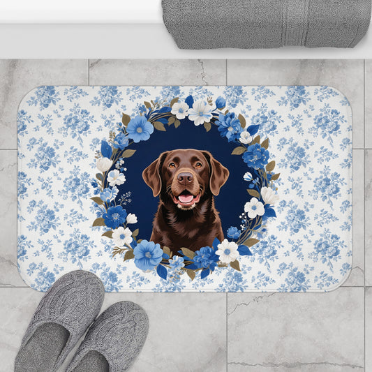 Blue Floral Lab Bath Mat – Cute Chocolate Labrador Retriever Dog Bathroom Rug