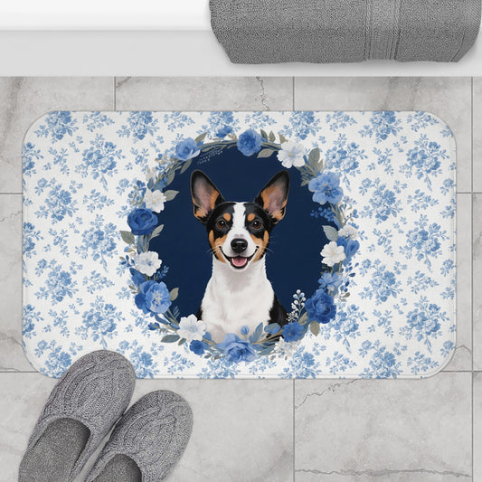 Blue Floral Rattie Bath Mat – Cute Rat Terrier Dog Bathroom Rug