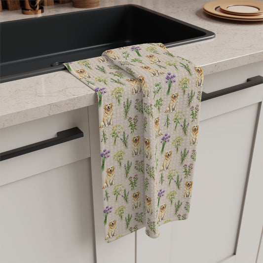 Golden Retriever Dog & Herbs Tea Towel - Floral Dog Kitchen Towel