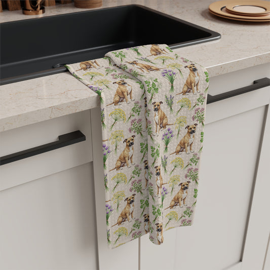 Pitbull Dog & Herbs Tea Towel - Floral Dog Kitchen Towel