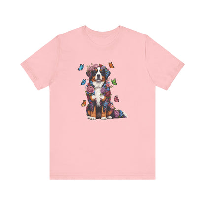 Whimsical Floral Bernese Mountain Dog Tee – Colorful Dog Lover Shirt with Butterflies