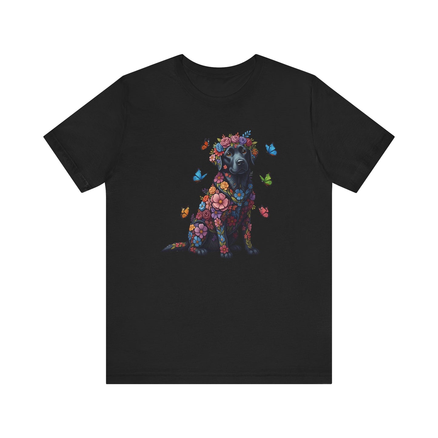 Whimsical Floral Black Labrador Retriever Tee – Colorful Dog Lover Shirt with Butterflies