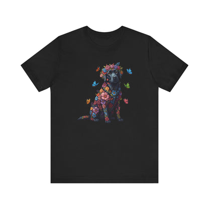 Whimsical Floral Black Labrador Retriever Tee – Colorful Dog Lover Shirt with Butterflies