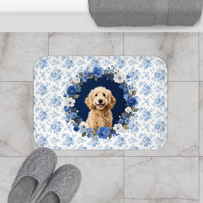 Blue Floral Doodle Bath Mat – Cute Goldendoodle Dog Bathroom Rug
