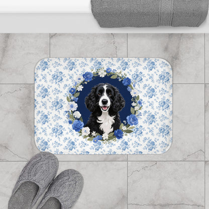 Blue Floral Portie Bath Mat – Cute Portuguese Water Dog Bathroom Rug