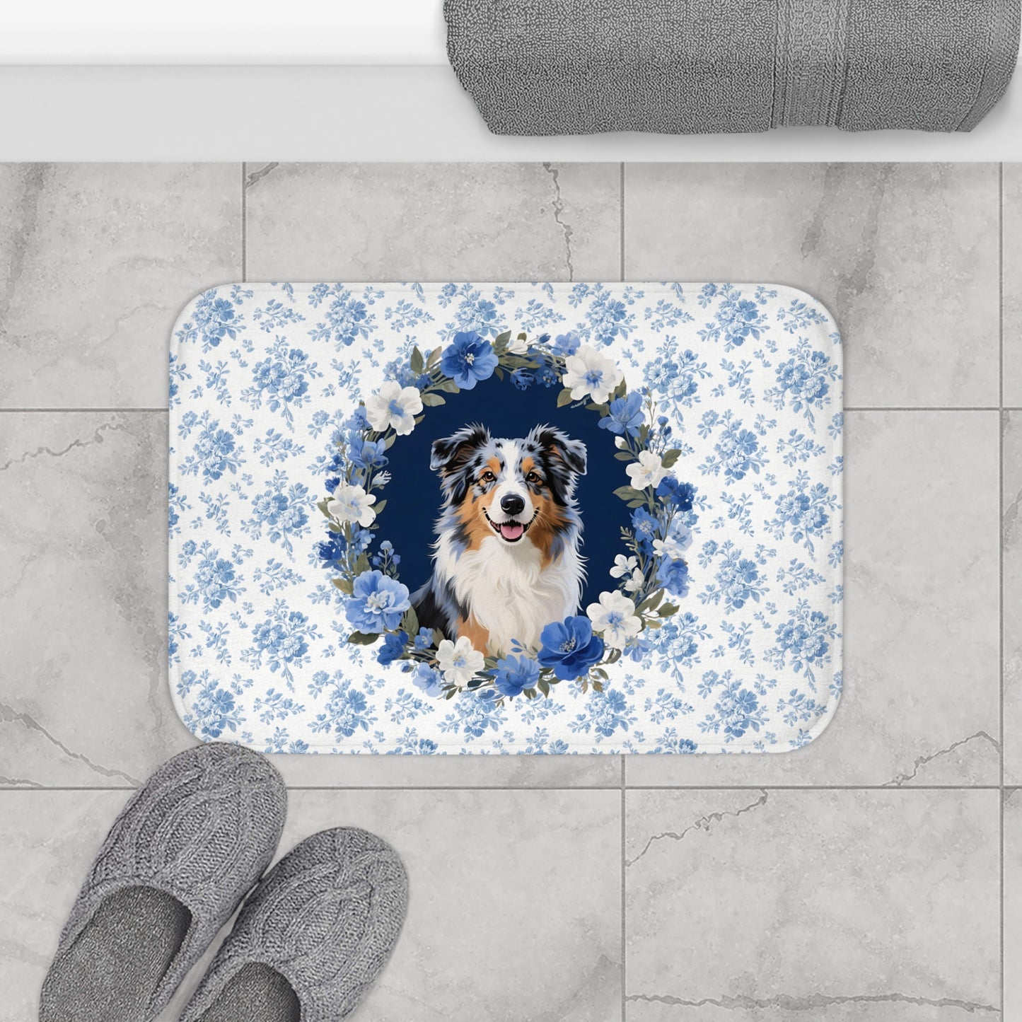 Blue Floral Aussie Bath Mat – Cute Australian Shepherd Dog Bathroom Rug