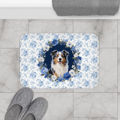 Blue Floral Aussie Bath Mat – Cute Australian Shepherd Dog Bathroom Rug
