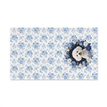 Blue Floral Bichon Frise Dog Portrait Hand Towel – Cute Pet Bathroom Accessory