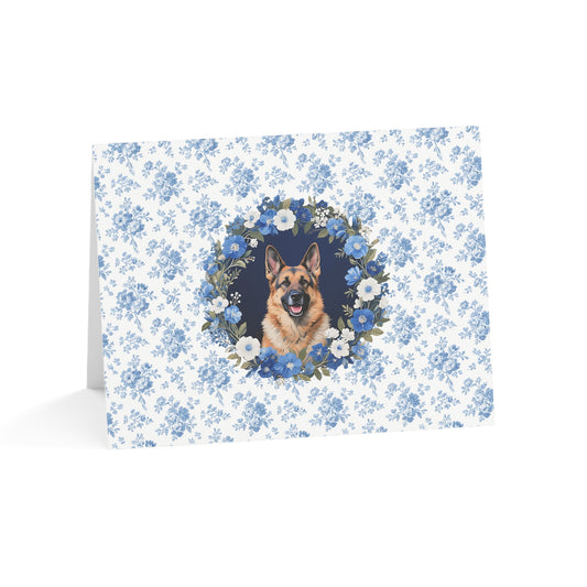 German Shepherd Dog Blue Floral Greeting Card Set