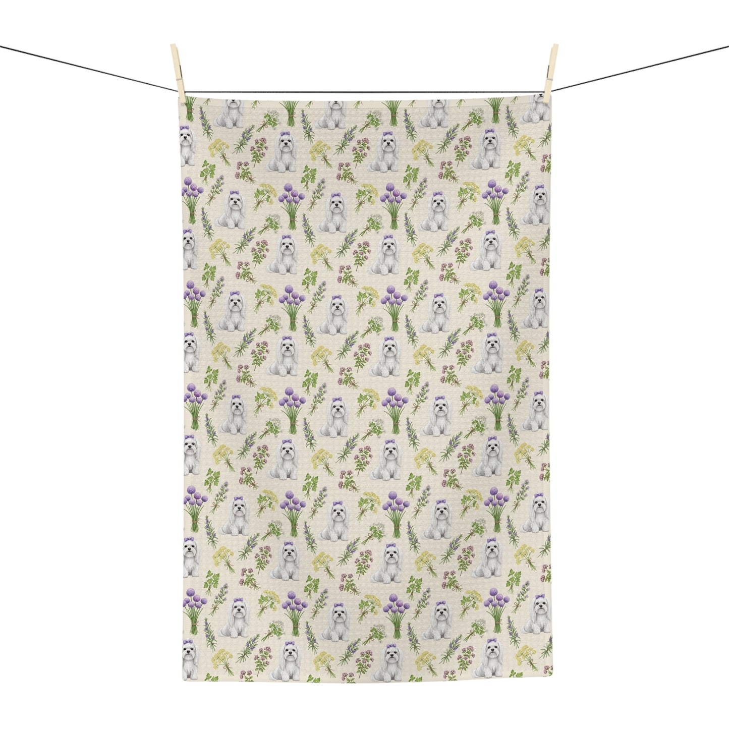 Maltese Dog & Herbs Tea Towel - Floral Dog Kitchen Towel
