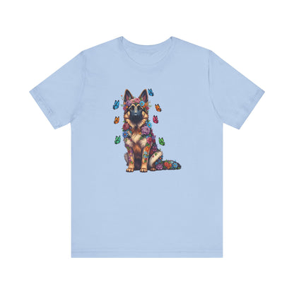 Whimsical Floral German Shepherd Tee – Colorful Dog Lover Shirt with Butterflies