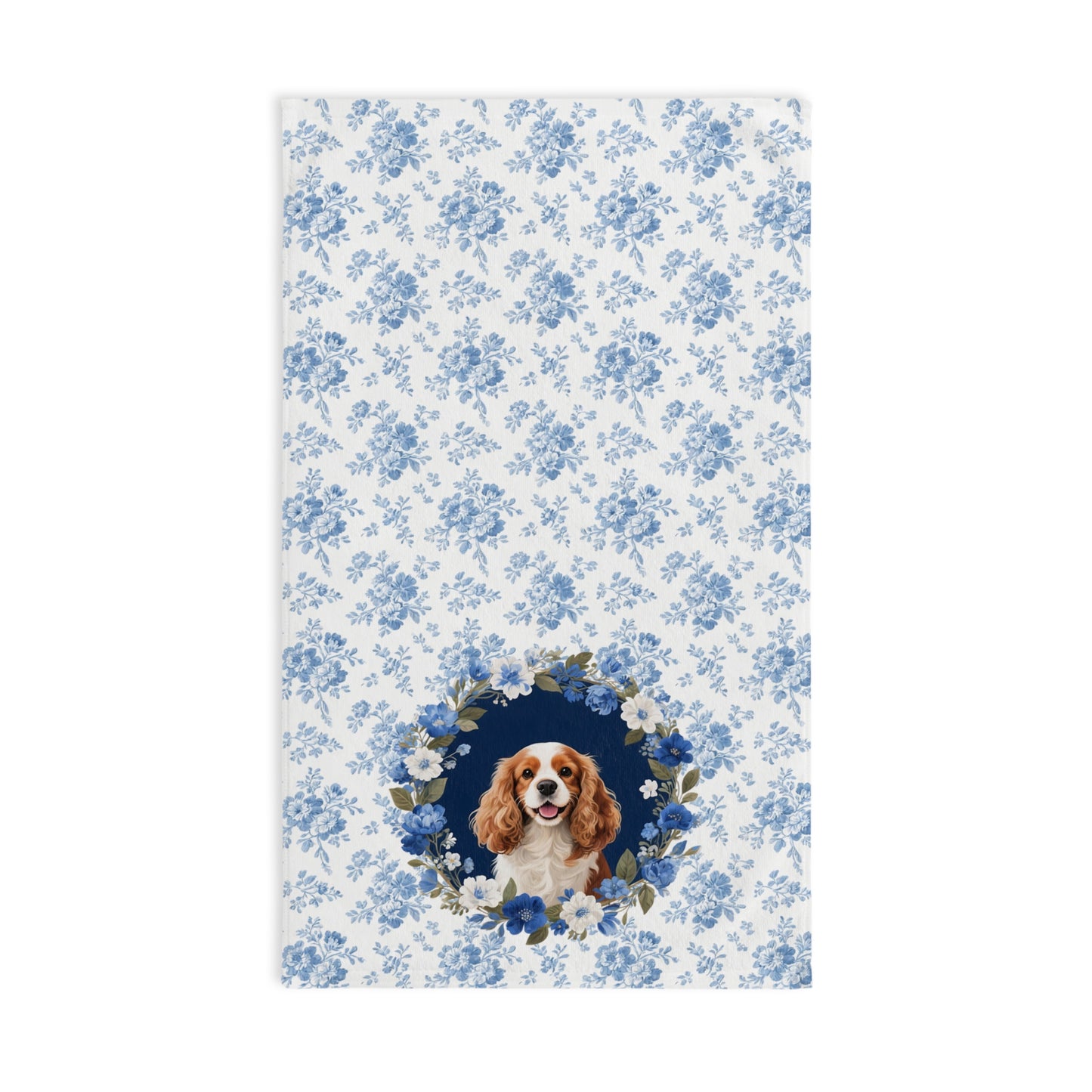 Blue Floral Cavalier King Charles Spaniel Dog Portrait Hand Towel – Cute Pet Bathroom Accessory