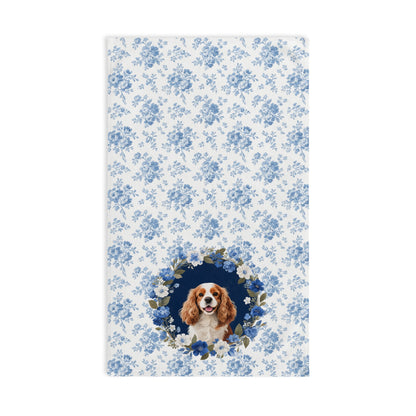 Blue Floral Cavalier King Charles Spaniel Dog Portrait Hand Towel – Cute Pet Bathroom Accessory