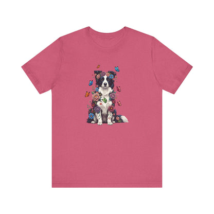 Whimsical Floral Border Collie Tee – Colorful Dog Lover Shirt with Butterflies