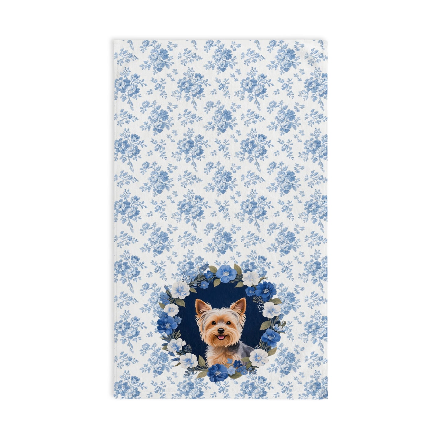 Blue Floral Yorkshire Terrier Dog Portrait Hand Towel – Cute Pet Bathroom Accessory