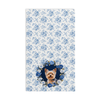 Blue Floral Yorkshire Terrier Dog Portrait Hand Towel – Cute Pet Bathroom Accessory