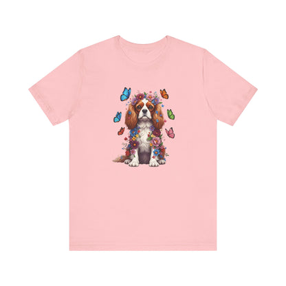 Whimsical Floral Cavalier King Charles Spaniel Tee – Colorful Dog Lover Shirt with Butterflies