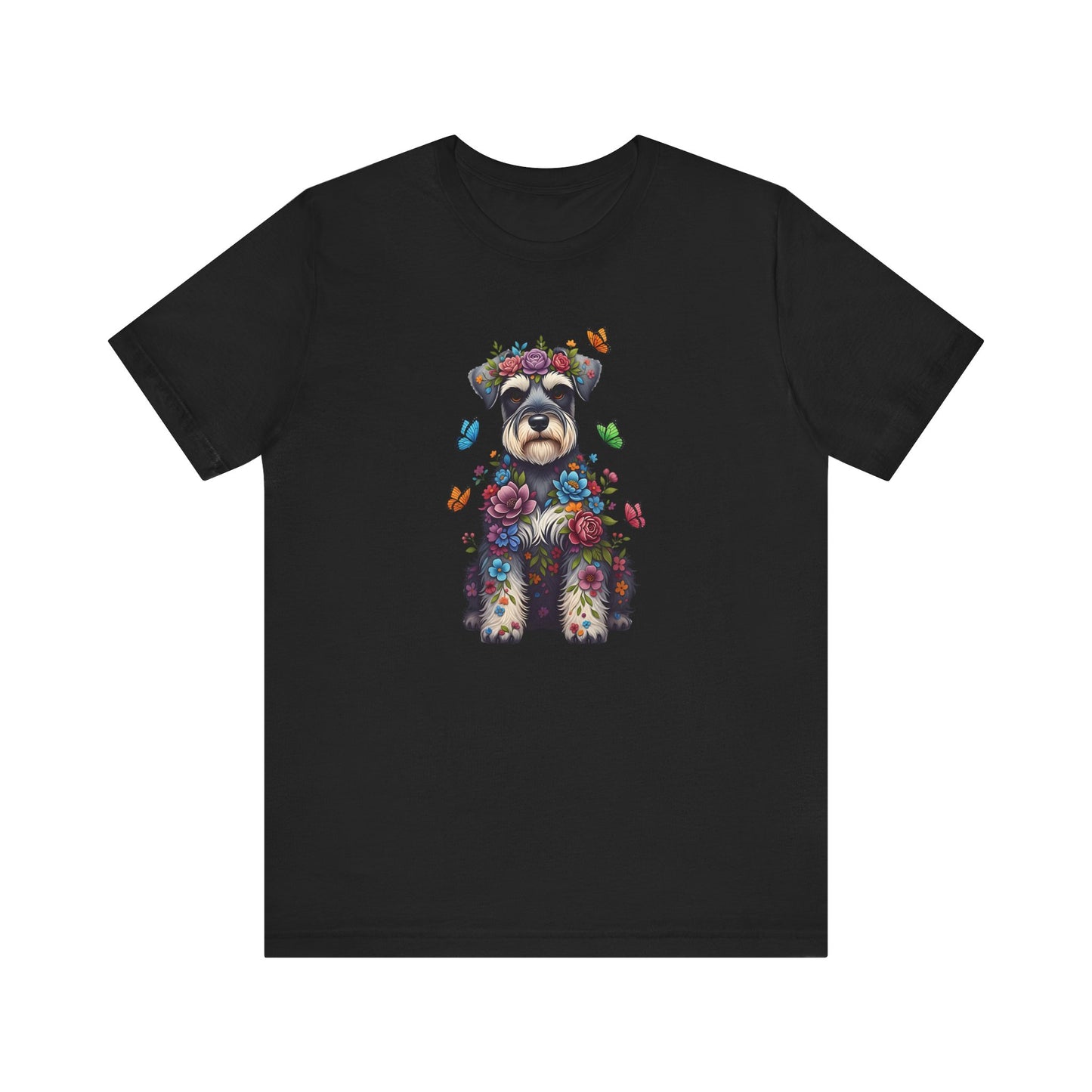 Whimsical Floral Schnauzer Tee – Colorful Dog Lover Shirt with Butterflies
