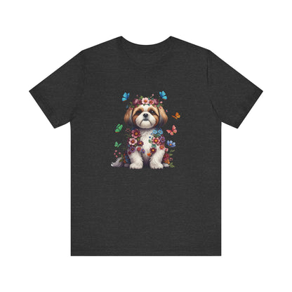Whimsical Floral Shih Tzu Tee – Colorful Dog Lover Shirt with Butterflies
