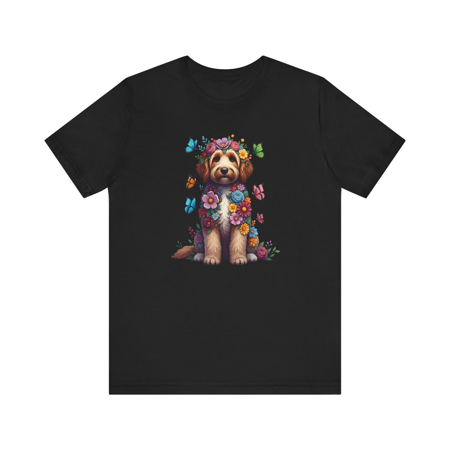 Whimsical Floral Goldendoodle Tee – Colorful Dog Lover Shirt with Butterflies
