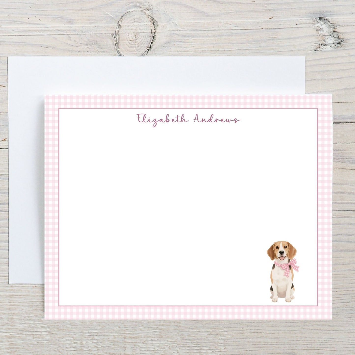 Beagle Dog Pink Gingham Personalized Notecard Set