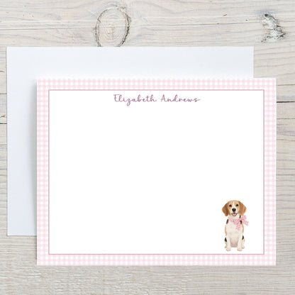 Beagle Dog Pink Gingham Personalized Notecard Set
