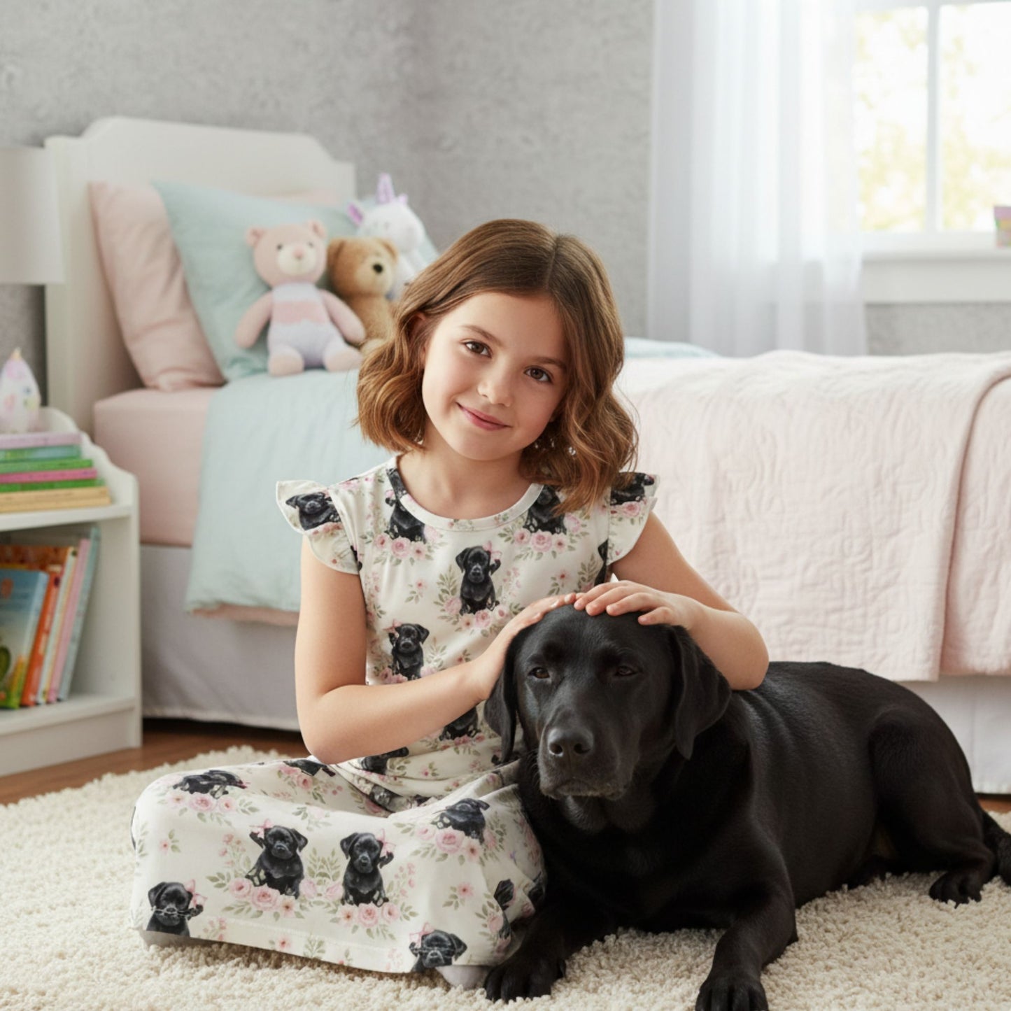 Black Labrador Retriever Girl's Flutter Sleeve Nightgown