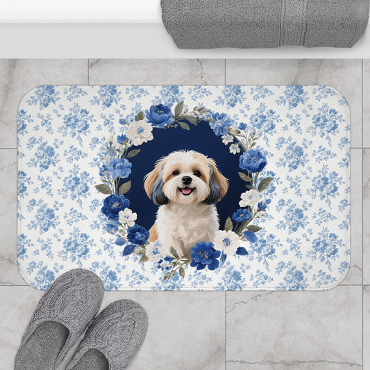 Blue Floral Shih Tzu Bath Mat – Cute Shih Tzu Dog Bathroom Rug