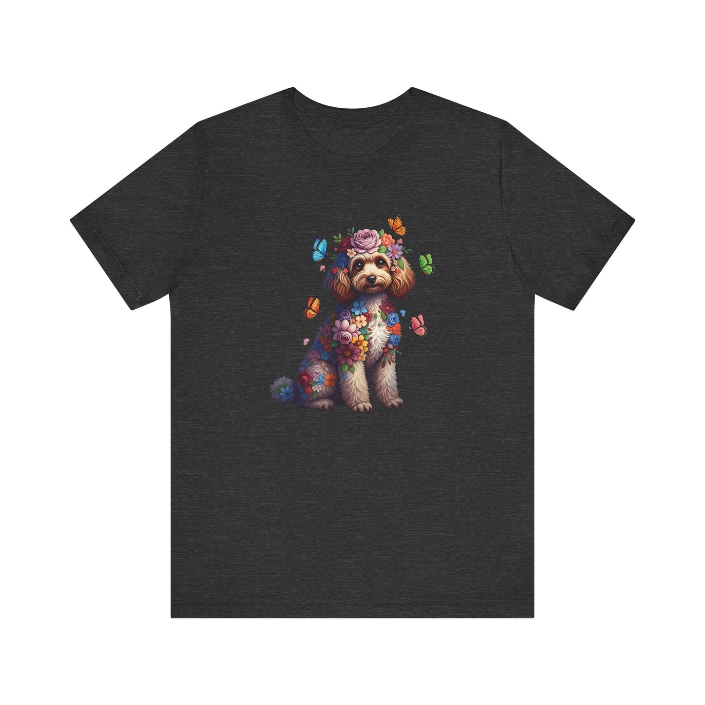 Whimsical Floral Poodle Tee – Colorful Dog Lover Shirt with Butterflies