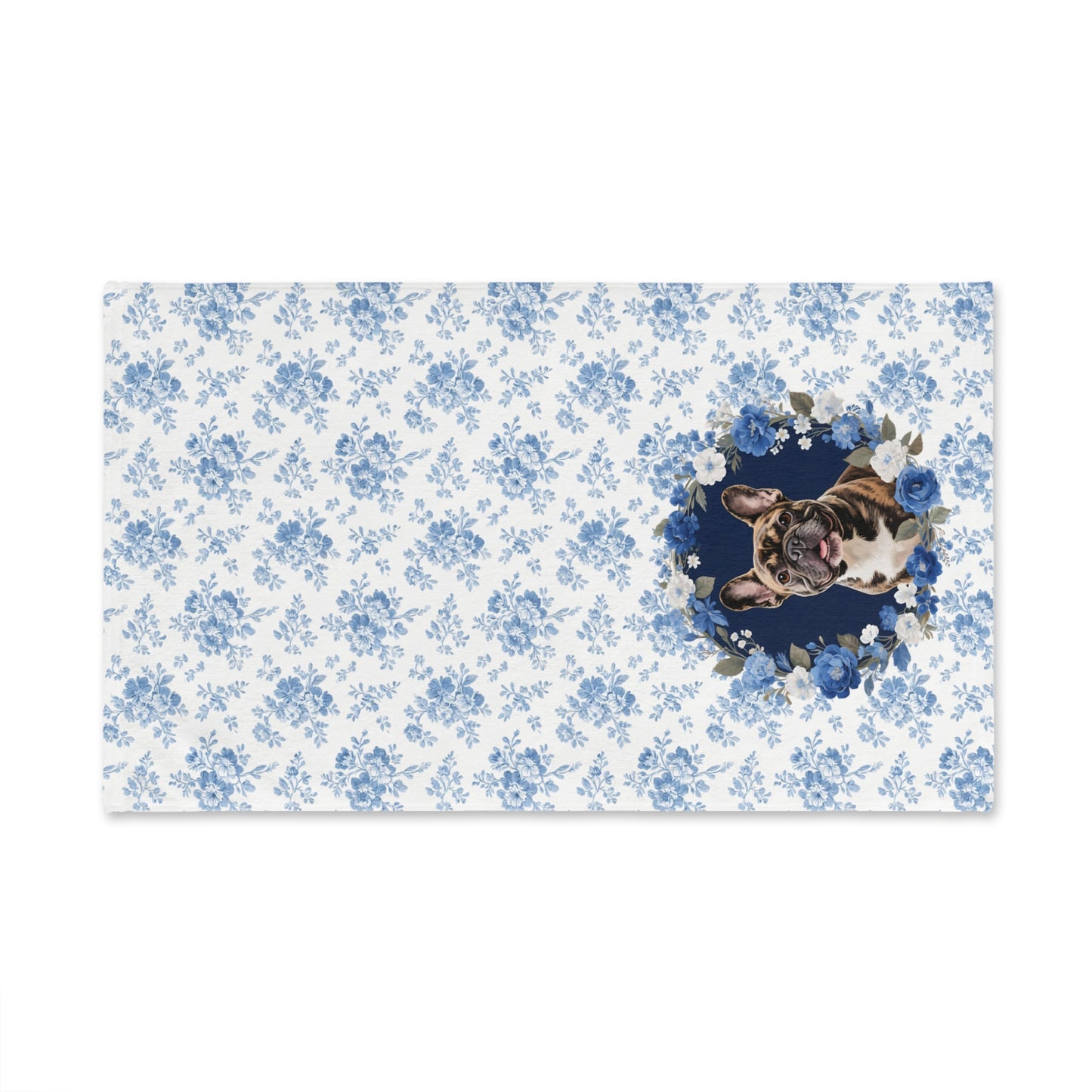 Blue Floral Brindle French Bulldog Portrait Hand Towel – Cute Pet Bathroom Accessory