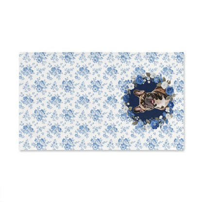 Blue Floral Brindle French Bulldog Portrait Hand Towel – Cute Pet Bathroom Accessory