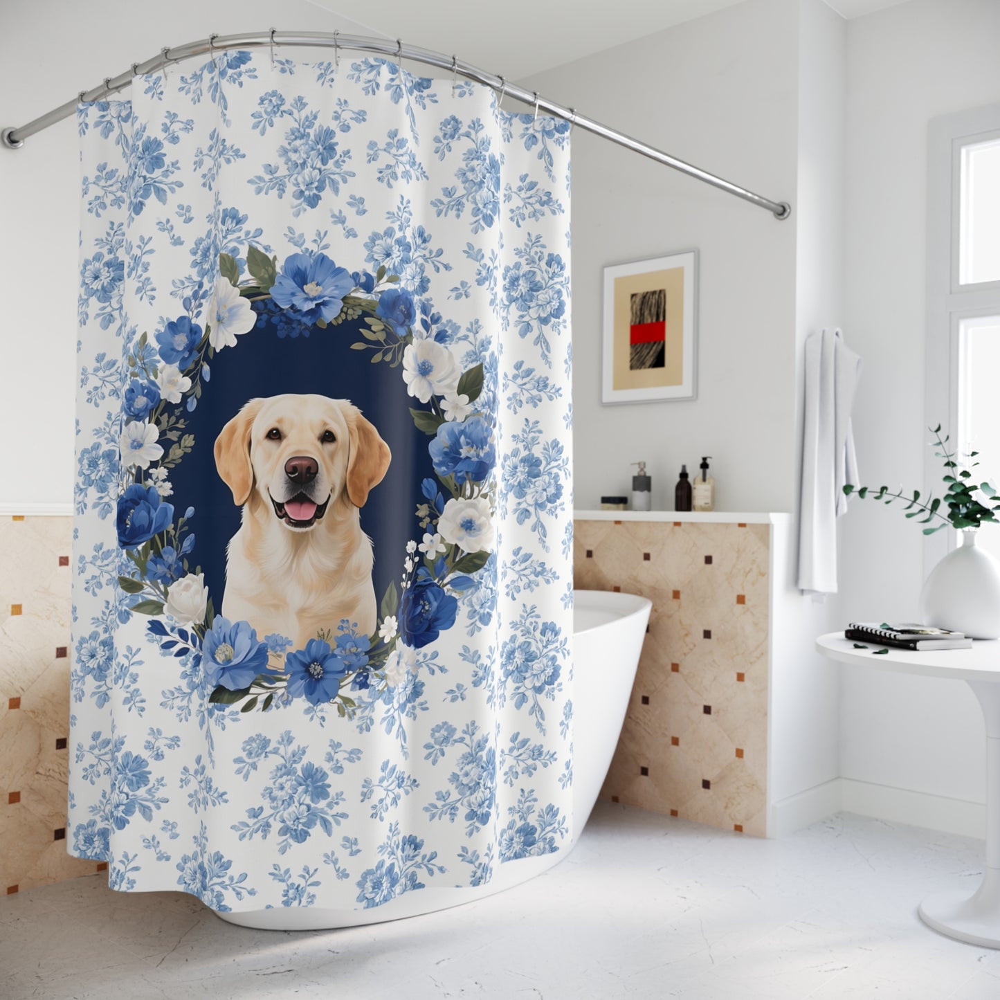 Labrador Retriever Dog Blue Floral Shower Curtain – Dog Portrait Bath Decor