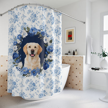 Labrador Retriever Dog Blue Floral Shower Curtain – Dog Portrait Bath Decor