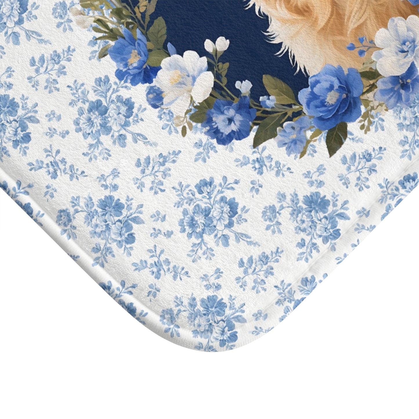 Blue Floral Golden Bath Mat – Cute Golden Retriever Dog Bathroom Rug