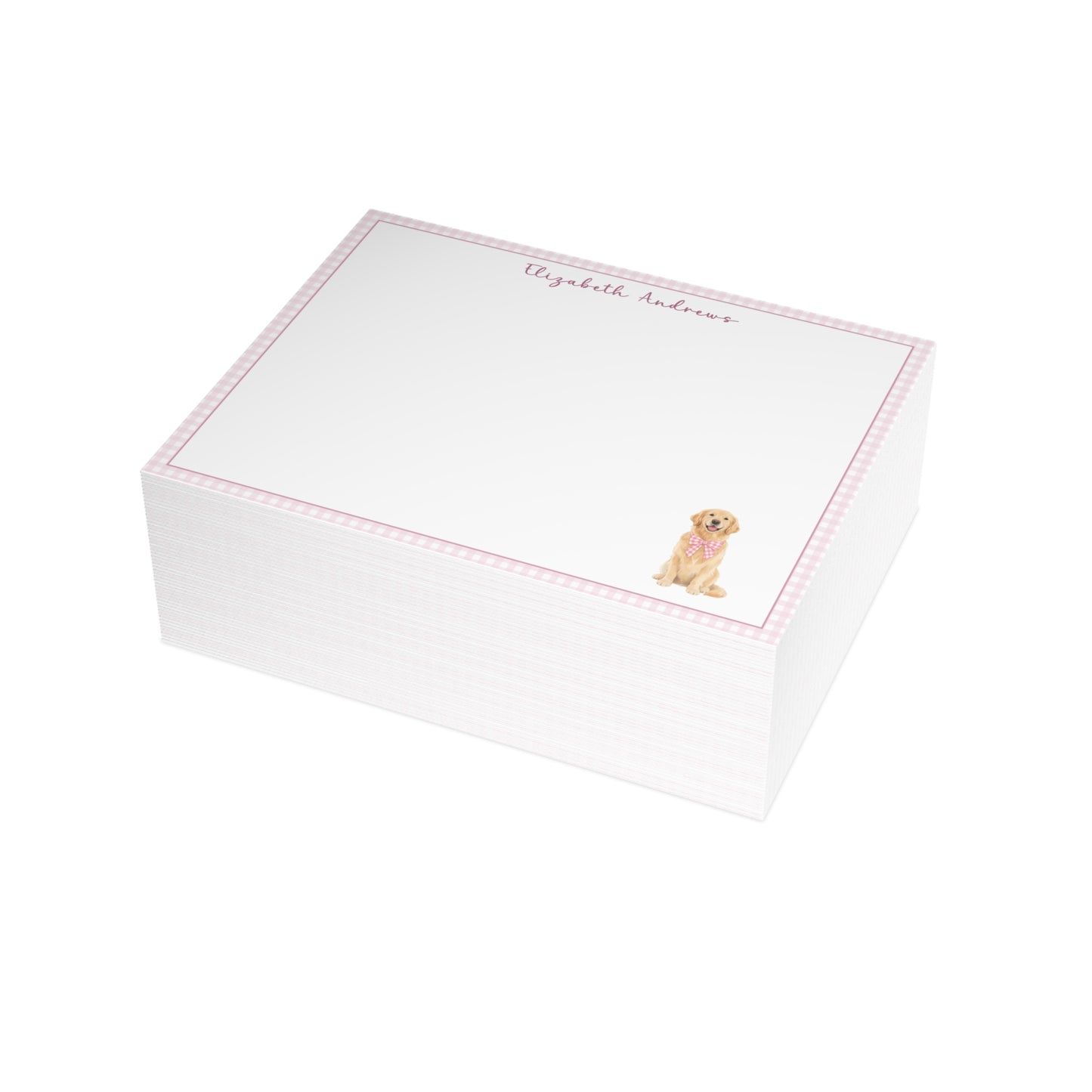 Golden Retriever Dog Pink Gingham Personalized Notecard Set