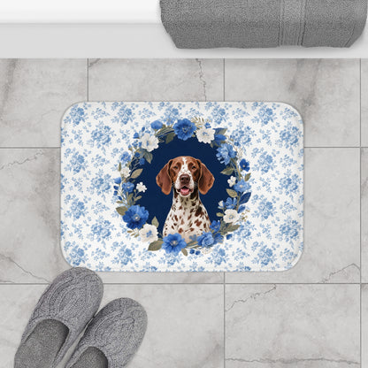 Blue Floral GSP Bath Mat – Cute German Shorthaired Pointer Dog Bathroom Rug