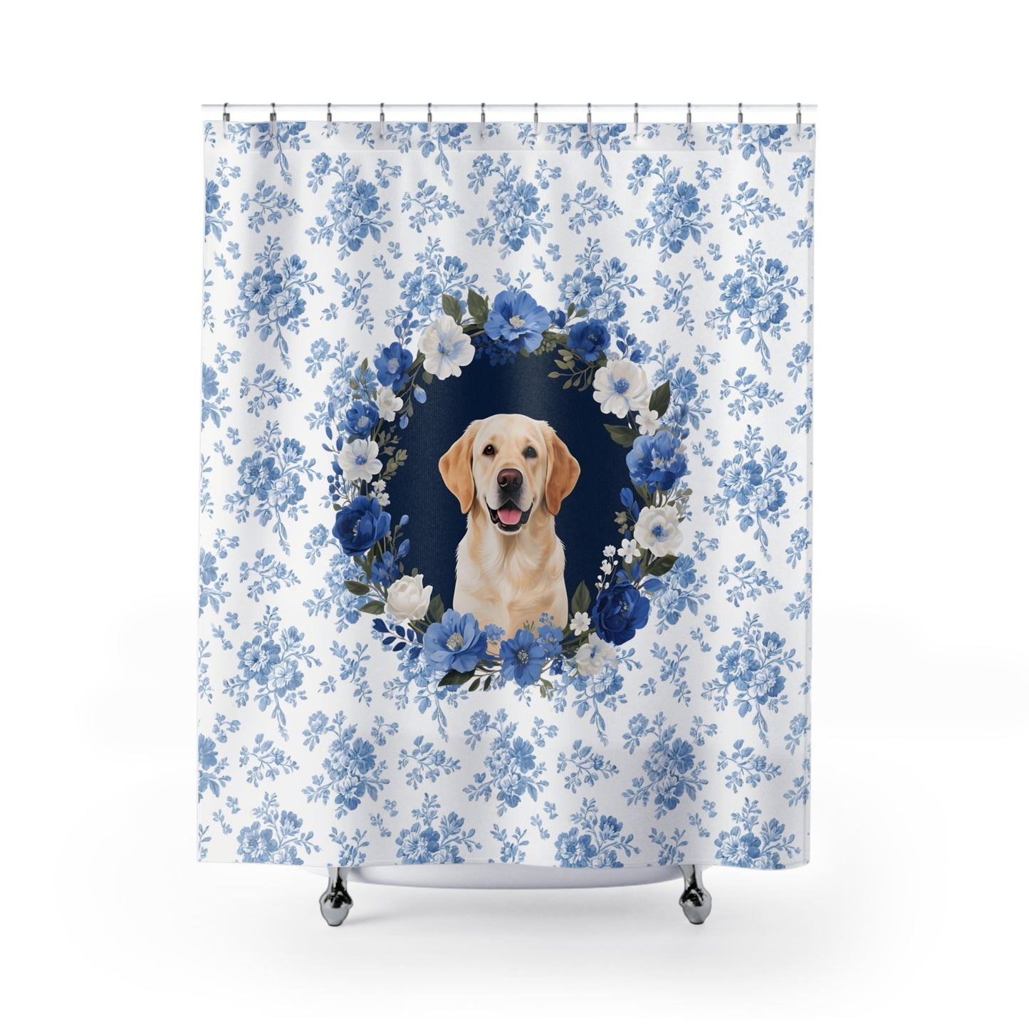 Labrador Retriever Dog Blue Floral Shower Curtain – Dog Portrait Bath Decor