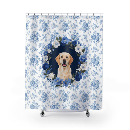 Labrador Retriever Dog Blue Floral Shower Curtain – Dog Portrait Bath Decor