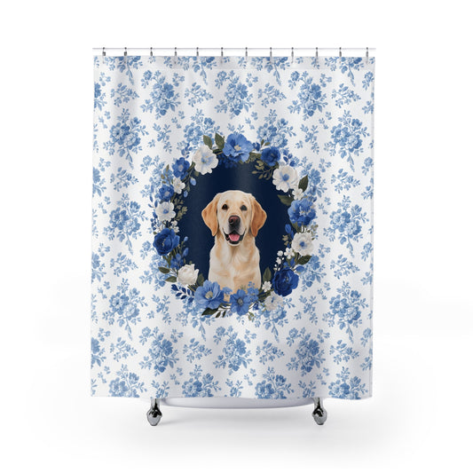 Labrador Retriever Dog Blue Floral Shower Curtain – Dog Portrait Bath Decor